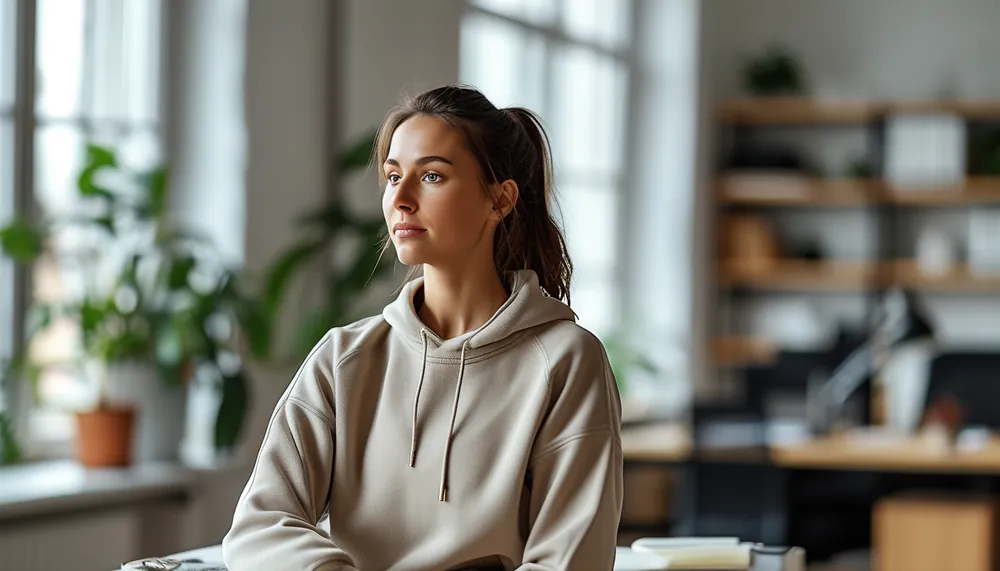 Woman doing a gentle seated stretch at her desk